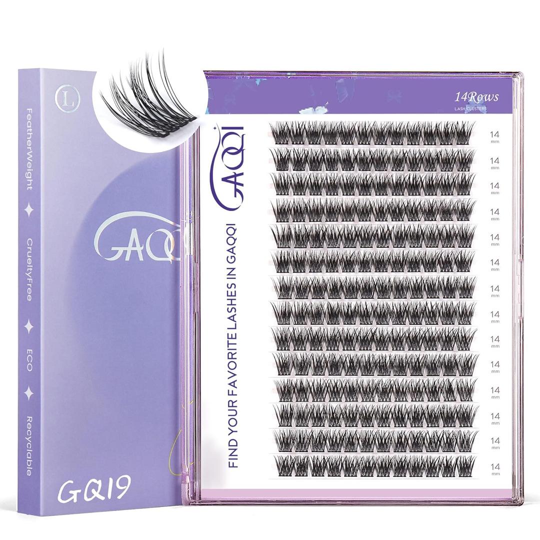 GAQQI Lash Clusters, GQ19 Individual Lashes 168pcs D Curve, DIY Lash Extension 14mm Length Only False Eyelash Clusters, Natural & Wispy Lash Wisps (GQ19,D,14mm)