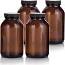 JUVITUS Amber 17 oz Wide Mouth Glass Packer Bottle with Black Ribbed Lid (4 pack)