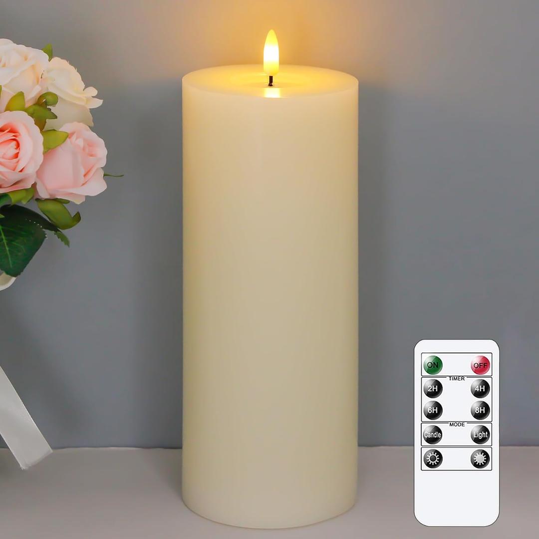 4" x10" Flameless Flickering Remote Ivory Candles with Candle Grease and Timer, LED Battery Operated Fake Real Wax 3D-Wick Pillar Candles, Pack of 1