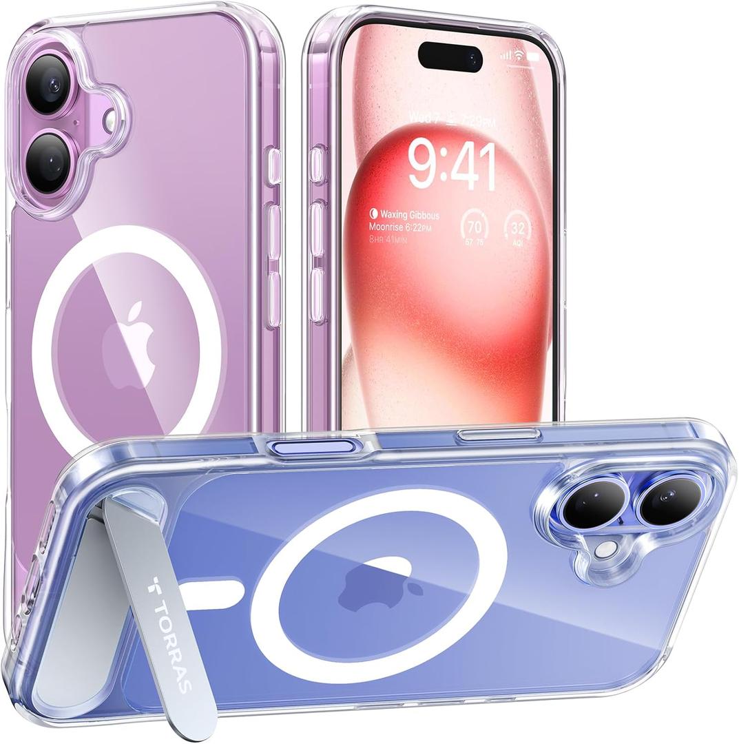 TORRAS for iPhone 16 Case Diamond Clear | Strong Magnetic & Seamless Stand, Fit for MagSafe, MilitaryGrade Drop Protection, Sturdy Adjustable Builtin Kickstand, Slim AntiYellowing