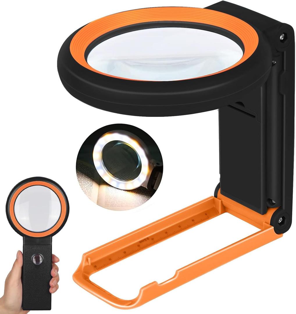 KIBTOY 30X 40X Magnifying Glass with Light and Stand, Foldable Handheld Magnifying Lenses 18 LED Illuminated Lighted Magnifier for Seniors Reading, Close Work, Coins, Jewelry Black