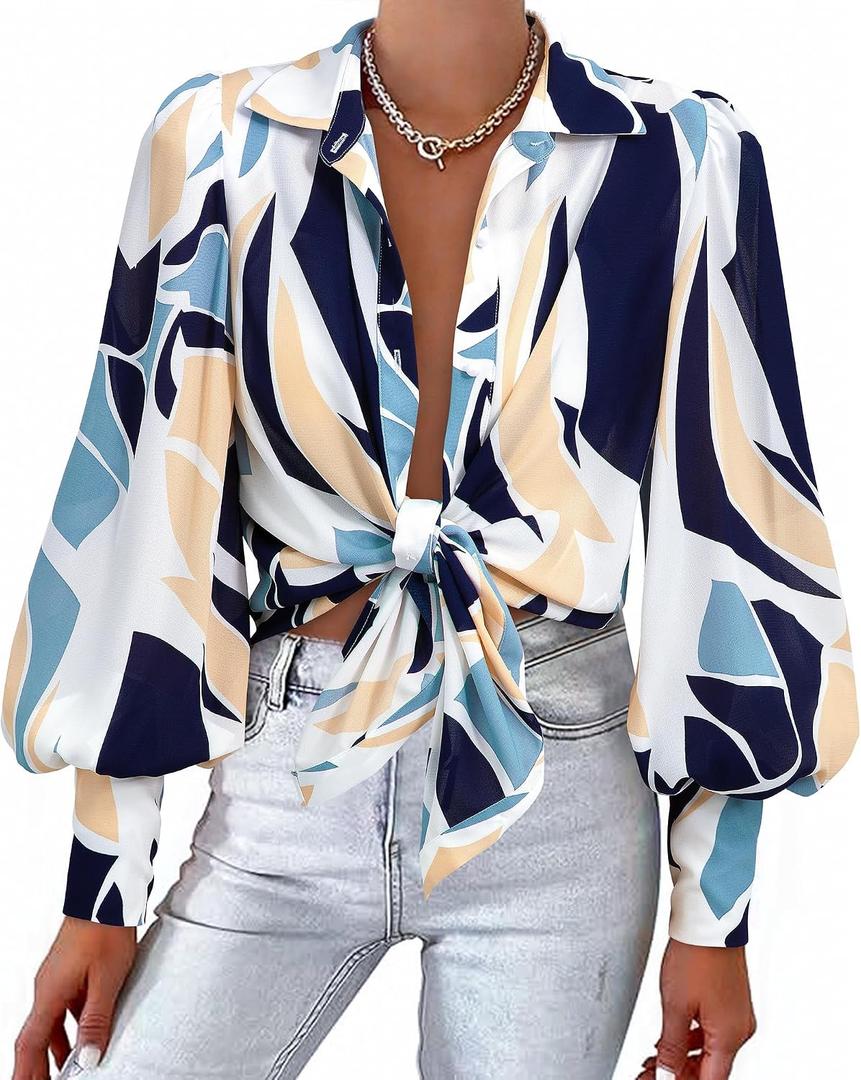 BTFBM Summer Blouses for Women Dressy Casual 2026 Long Sleeve Button Down Shirt V Neck Boho Spring Tops Fashion Clothing (Blue, S)