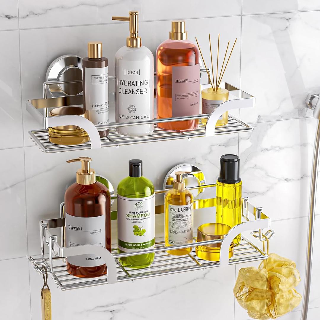 LEVERLOC Shower Caddy Suction Cup, 2 Pack Shower Shelves for Inside, Silver Rustproof Metal Bathroom Storage NO-Drilling Bathroom Organizer with Large Capacity, Heavy Duty Storage Basket