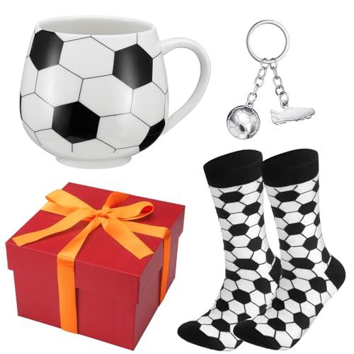 Didaey 3 Pcs Soccer Gifts Sets Include 1 Ceramic Soccer Ball Coffee Tea Mug with Handle 1 Pair Crew Socks 1 Cute Keychain for Coaches Players