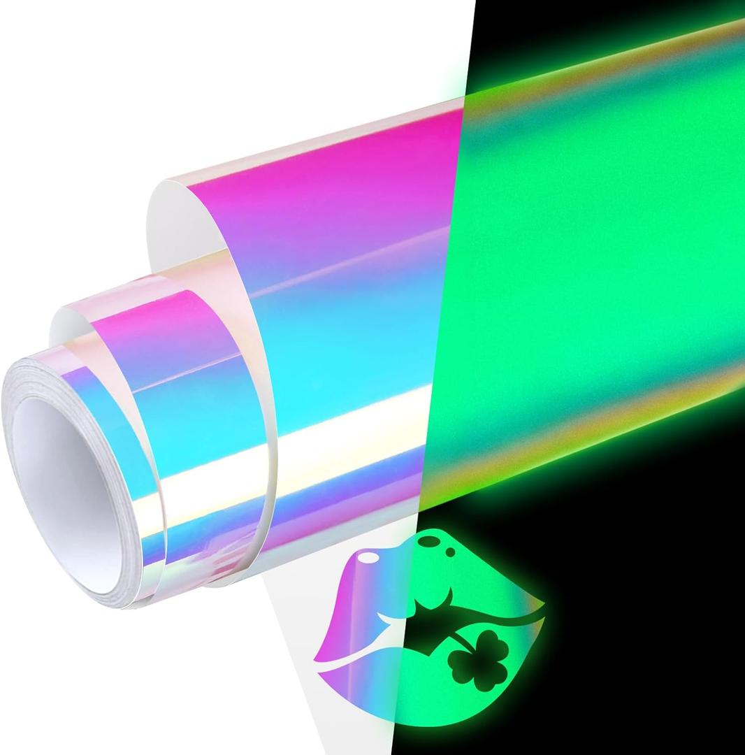 WRAPXPERT Glow in the Dark Permanent Adhesive Vinyl Holographic Iridescent Vinyl Opal White Glow Green for Wrap,Stickers,Decal,Lettering,12" x5ft