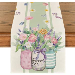 Artoid Mode Vase Bloom Tulip Lavender Summer Table Runner, Seasonal Spring Kitchen Dining Table Decoration for Home Party Decor 13x90 Inch (Green/White)