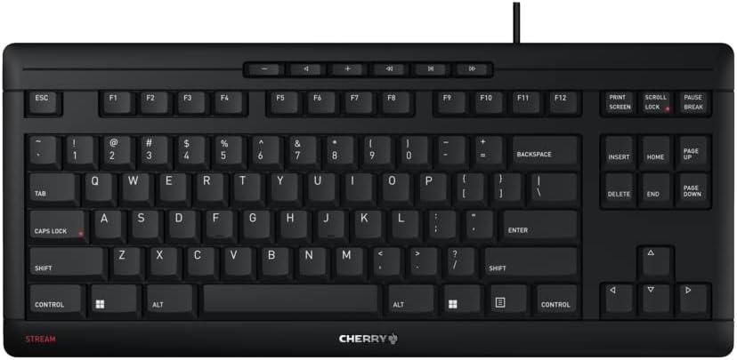 CHERRY Stream Keyboard TKL Wired USB TenKeyLess Compact Version without Number Pad. Silent Keystroke. Ideal for Office and Industrial Use. (Black)