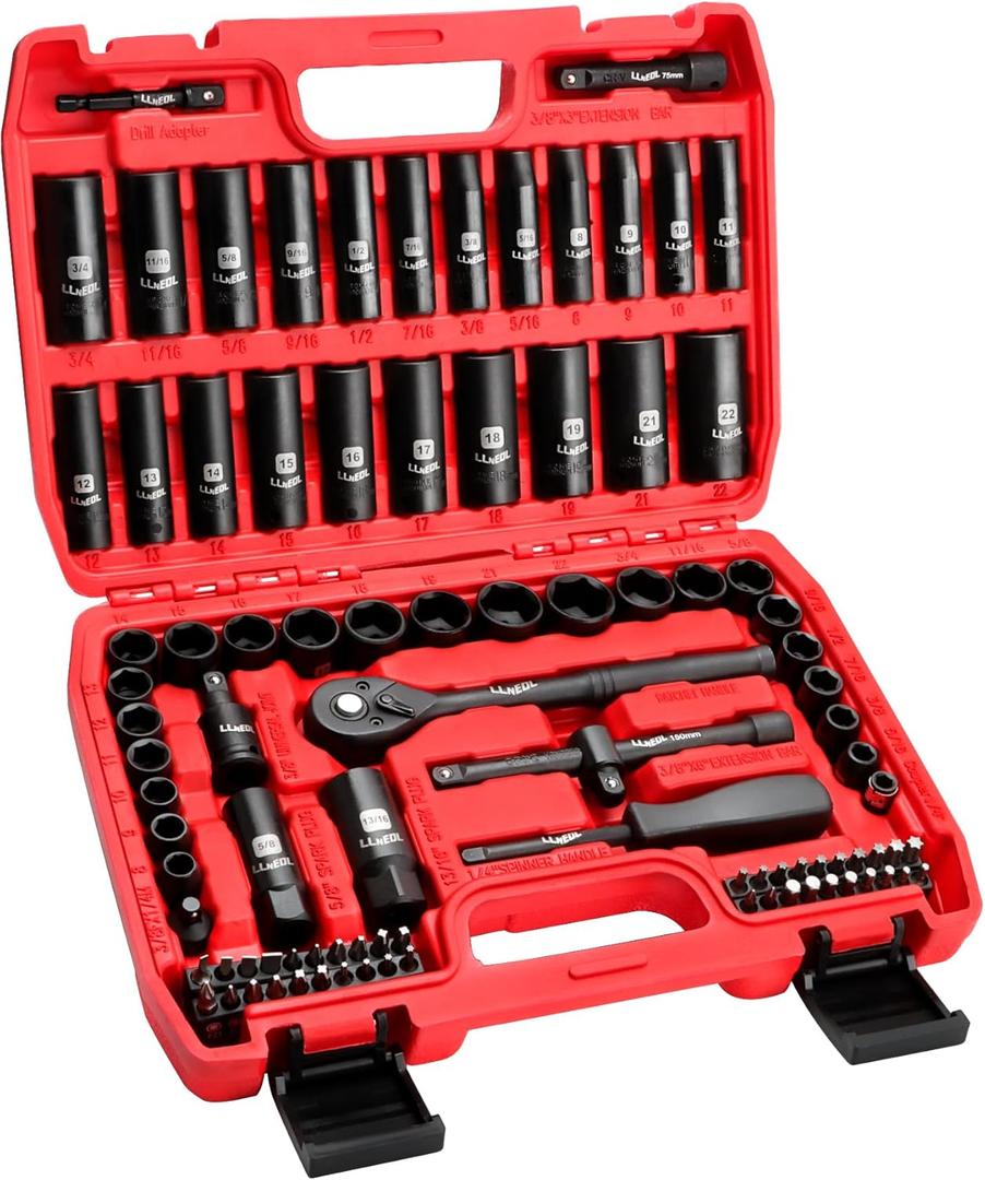 LLNEDL 3/8" Drive Impact Socket Set 95Pcs, Spark Plug Socket (5/8", 13/16"), 6 Point Metric & SAE from 5/16"- 3/4", 8-22mm, CR-V Deep & Shallow Kit with Quick Release Ratchet (72-Tooth) for Home & DIY