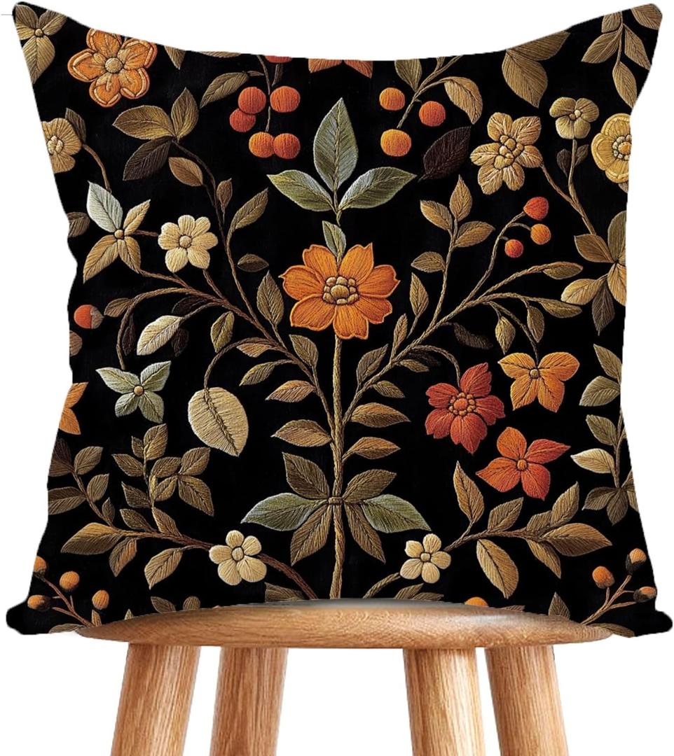 William Morris Abstract Vintage Print Floral Velvet Design Throw Pillow Covers Home Decor, Retro Art Deco Pillowcase Cushion Cover for Bed Sofa Living Room, Square 18x18 Inch (Black-Floral)