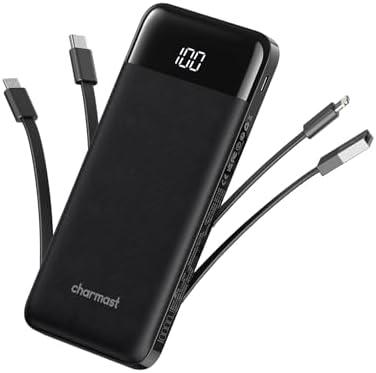 Portable Charger with Built in Cables, Portable Charger with Cords Wires Slim 10000mAh Travel Essentials Battery Pack 6 Outputs 3A High Speed Power Bank for iPhone Samsung Pixel LG Moto iPad Black