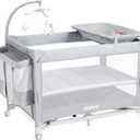 Baby Bassinet Bedside Crib, Pack and Play with Mattress, Diaper Changer, One-Push Setup Playards from Infants to Toddlers (Grey) (Light Gray)