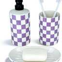 Bathroom Toothbrush Holder Set, Ceramic Soap Dispenser and Tooth Brush Holder& Soap Dish Set 3Pcs, Bathroom Accessories Sets Countertop, Purple Lavender Checkered Bathroom Decor