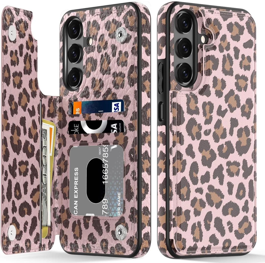 LETO for Samsung Galaxy A15 5G Wallet Case - Flip Folio Leather Kickstand - Credit Card Holder - Fashionable Flower Designs - Protective Phone Cover for Women and Girls - 6.5" - Pink Leopard