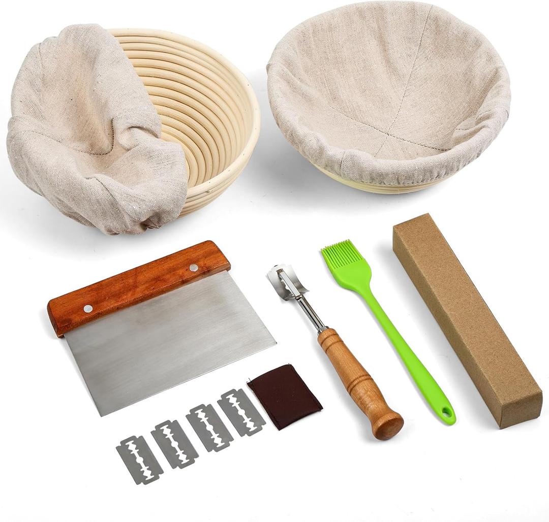 Banneton Bread Proofing Basket, Sourdough Starter Kit, 2 Round 8 Inch Banneton Baskets, Lame, Blades, Scrappers, Silicone Brush, and More Complete Sourdough Bread Baking Kit (8 inch)