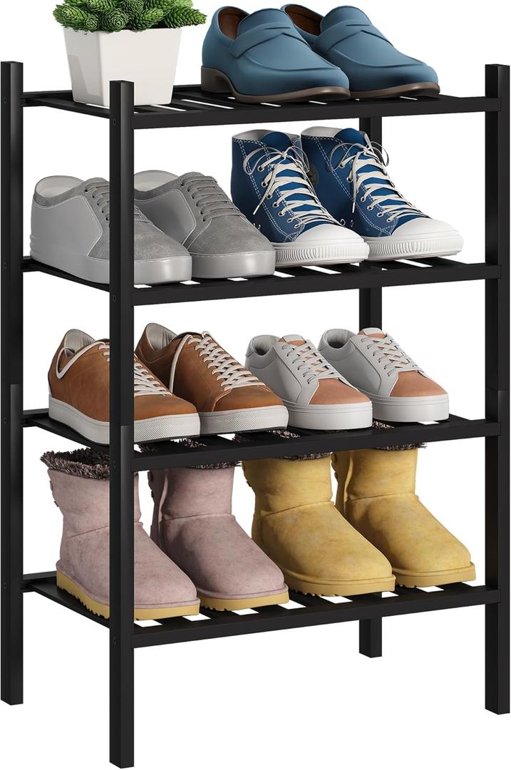 BMOSU 4-Tier Bamboo Small Shoe Rack Premium Stackable Shoe Shelf Storage Organizer for Hallway Closet Living Room Entryway Organizer (Black Bamboo)