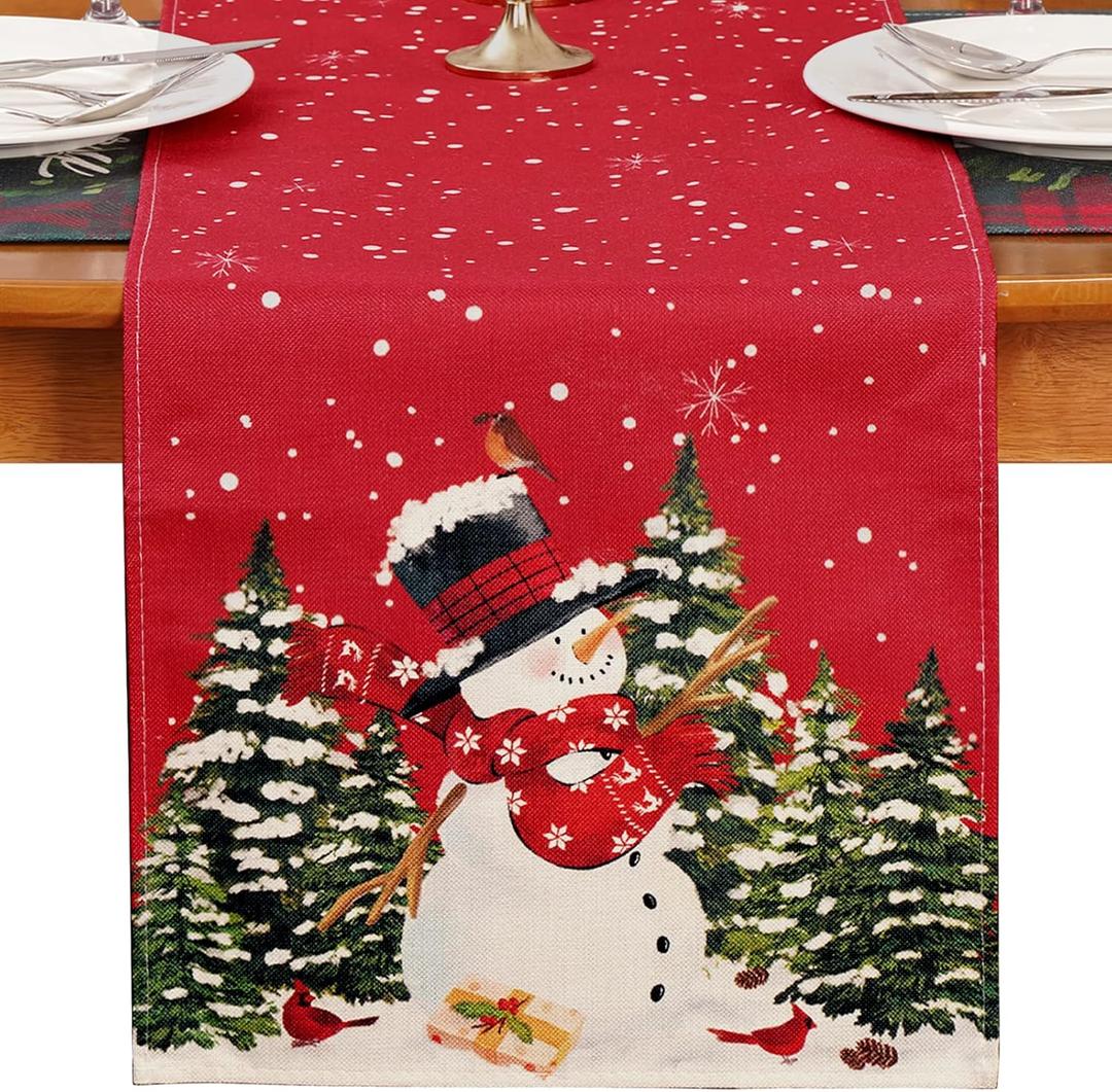 MADLYN RHUE Christmas Table Runner, Snowman Red Table Runner Winter Holiday Table Runner Christmas Theme Kitchen Dining Decoration for Home Party Daily Dinner (Red, 13"x72")