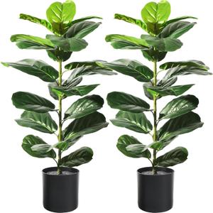 Suntee 2 Pack Artificial Fiddle Leaf Fig Tree, 30" Ficus Lyrata Fake Plants with Pots, Floor Plant Outdoor Faux Plants for Living Room, Corner, Office, Patio, Windowsill Decor (White and Black Fabric Covers)