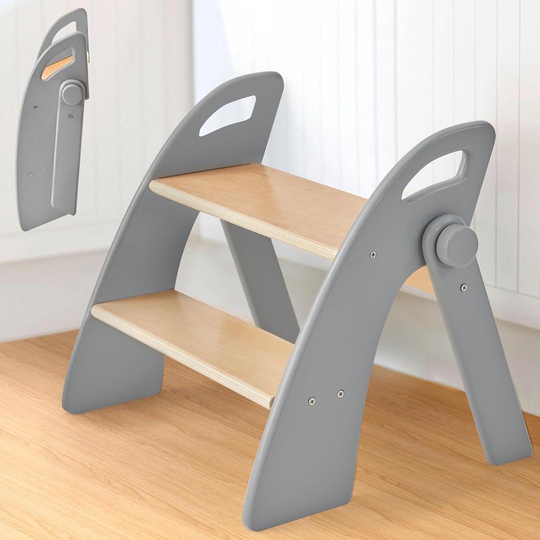 Wooden Step Stool, Two Step Stools, 300 lb. Load Capacity, with Safety Non-Slip Pads and Handles, Bamboo Step Stool for Bathroom and Kitchen, Children's Step Stools (Grizzly)