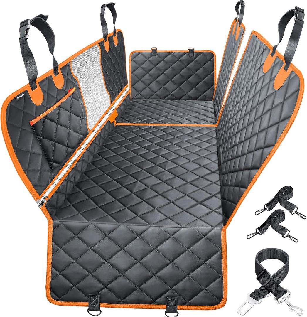 URPOWER 6-in-1 Dog Car Seat Cover for Back Seat, Waterproof Dog Car Hammock with Mesh Window, Non-Slip Pet Backseat Protector for Cars, Trucks and SUVs (Black with Orange)