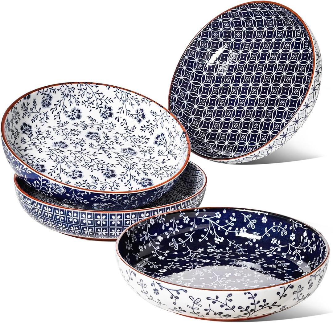 LE TAUCI Pasta Bowl 32 oz, Ceramic Salad Bowl, Japanese-Style Plate Bowls for Serving Pasta, Fruits, Salad, Noodle, Dinner, Soup, Mircrowave Oven Dishwasher Safe - 8.2 Inch, Set of 4, Vintage Blue