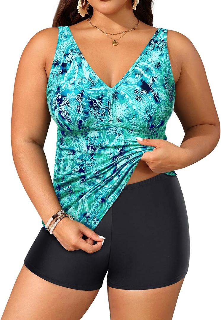 Yonique Womens Plus Size Swimsuits with Shorts Tummy Control Tankini Two Piece Bathing Suits Athletic Swimwear (22 Plus, Blue Green Paisley)