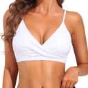 Women's Twist Front V Neck Bikini Top Padded Adjustable Spaghetti Straps Bathing Suit Tops Only (Large, White)