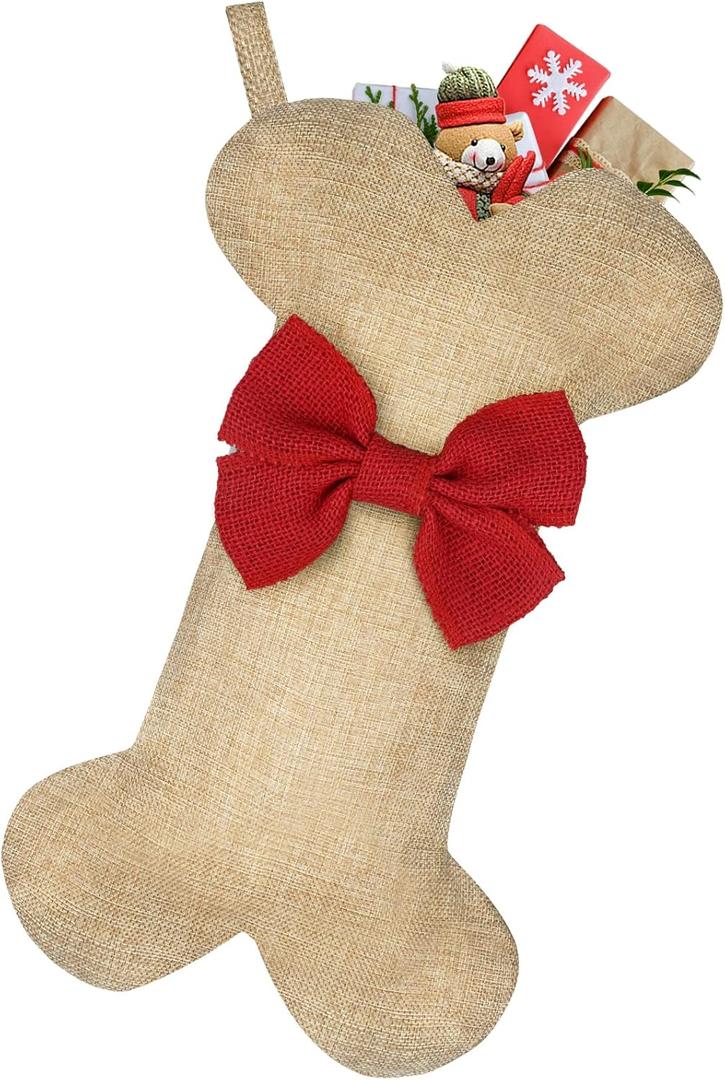 Malier New Linen Large Christmas Stocking for Dogs Cats Pets Jute Natural Burlap Dog Bone Shape Hanging Dog Christmas Stocking - Red