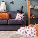 Tiamon 2 Pcs Pink Halloween Pillow Covers 18x18 Inch Canvas Happy Halloween Pink Ghost Decoration Embroidered Throw Pillow Covers Outdoor Cushion Cases for Home Sofa Bed Couch Farmhouse Decorative