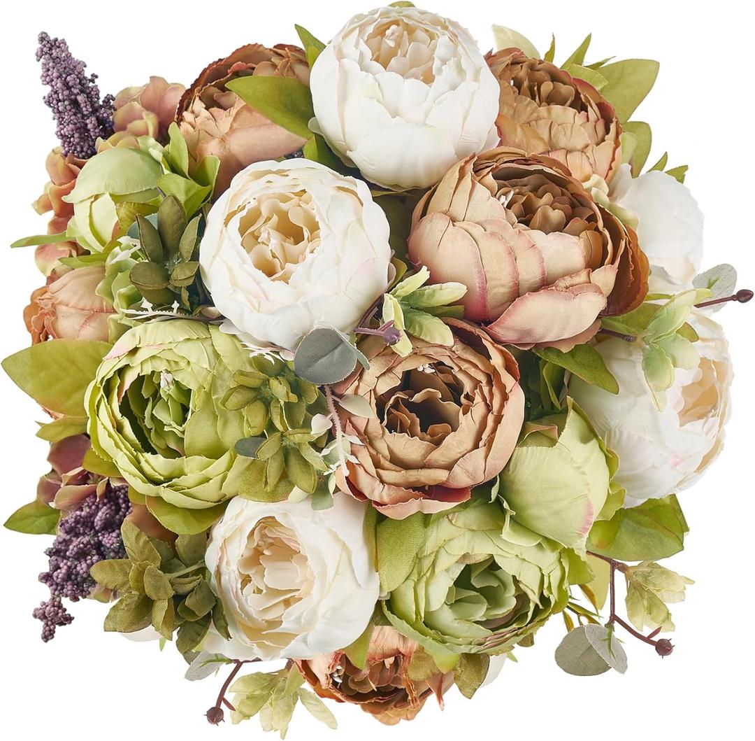 Mkono Peonies Artificial Flowers, 2 Packs 13 Stems Faux Peony Flowers Real Touch Fake Silk Bouquet for Arrangements Dining Table Centerpieces for Kitchen Bridal Wedding Party (2, Mixed White)