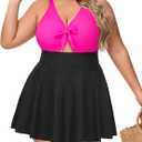 NIeyook Plus Size One Piece Swimsuit Women V Neck Cutout Sexy Swim Dress High Waist Tummy Control Bathing Suit, Size 24W