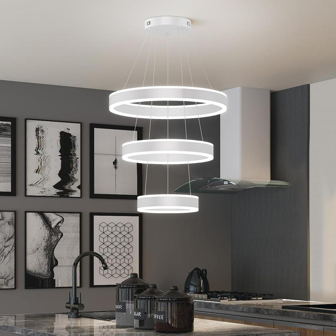 O'NEELDY Modern LED Chandeliers Adjustable Hanging White Pendant Light Fixture 3 Ring Flush Mount Chandeliers for Bedroom, Kitchen, Island Cafe, 16x16x47 Inches