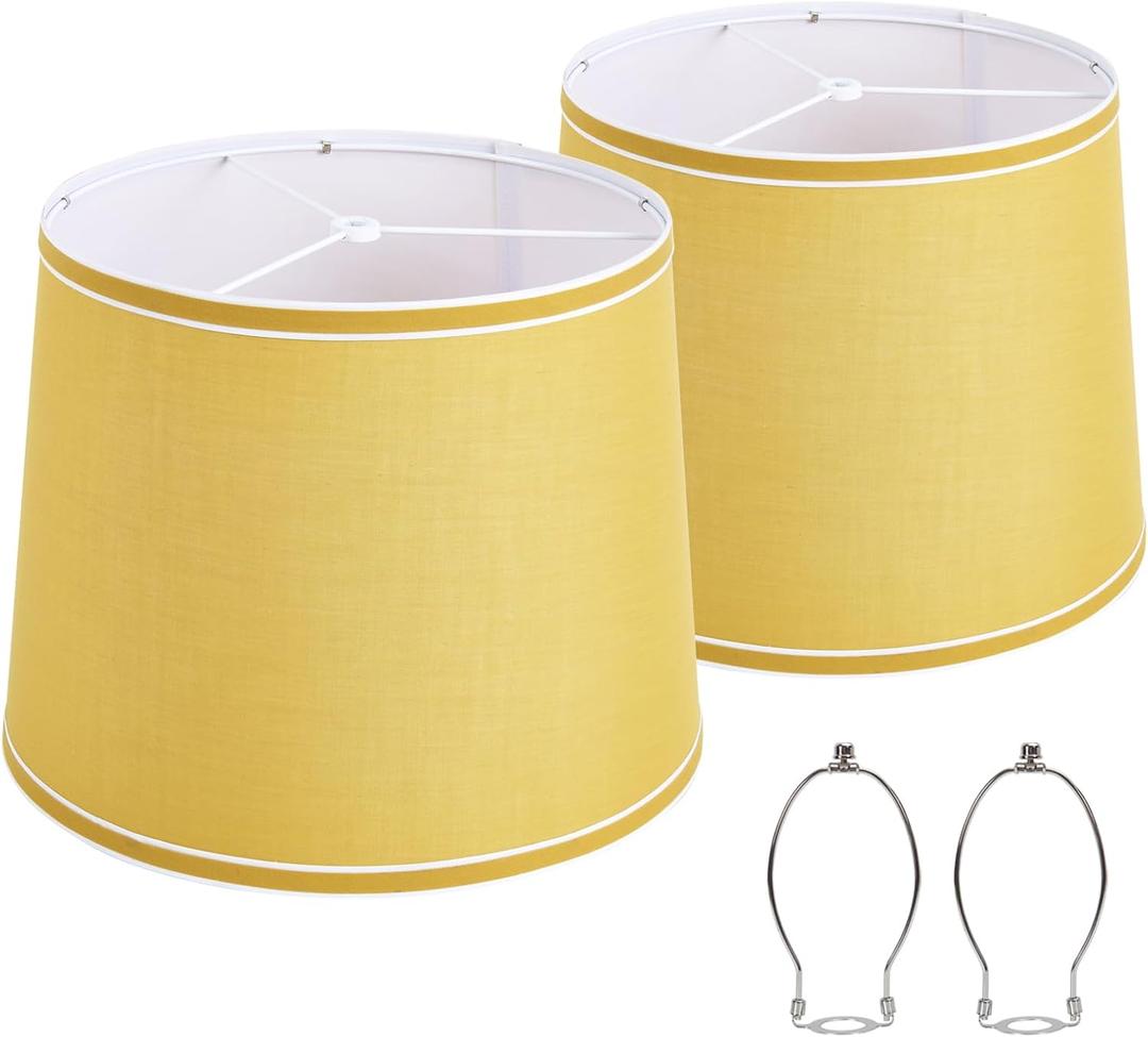 Lamp Shades Set of 2, Drum Lampshades, Lampshade 10 Inches Height, Lampshades for Table Lamp, Floor Lamp, Pendant Light, Yellow & White, Lamp Shade Harp Holder Included