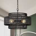 Giutna 17.7" Black Large Boho Rattan Chandeliers for Dining Room, 4-Light Rattan Hand-Woven Farmhouse Drum Chandelier Pendant Light Fixture for Kitchen Island Bedroom Living Room Entryway Foyer