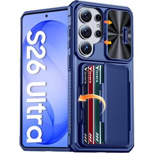 Vizvera for Samsung Galaxy S26 Ultra Case Wallet RFID [Cards Holder][Camera Cover][Edge Raised] Full Body Rugged Shockproof Silicone Phone Case for Galaxy S26 Ultra 6.9" 2026,Blue