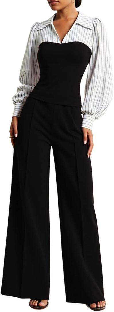LAJIOJIO Women's 2 Piece Outfits Casual V Neck,Puff Long Sleeve Tops and Wide Leg Pants Sets with Pockets