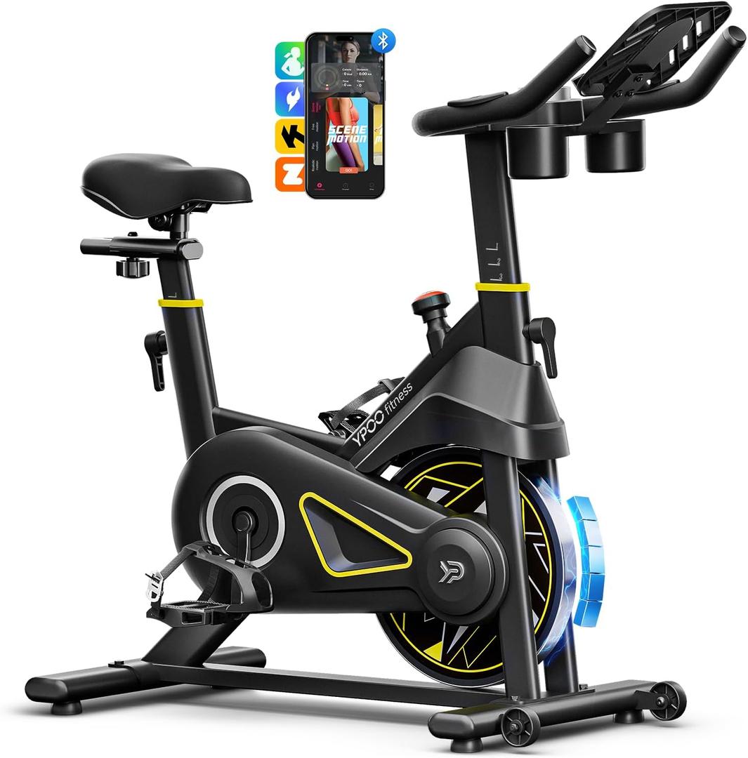 YPOO Exercise Bike Adjustable Magnetic Resistance 330LBS,APP Courses Adjustable Seat&Handlebar, Adjustable Resistance Levels, 80% pre-assembled, <25dB, Beginner Friendly Comfortable Seat, Black