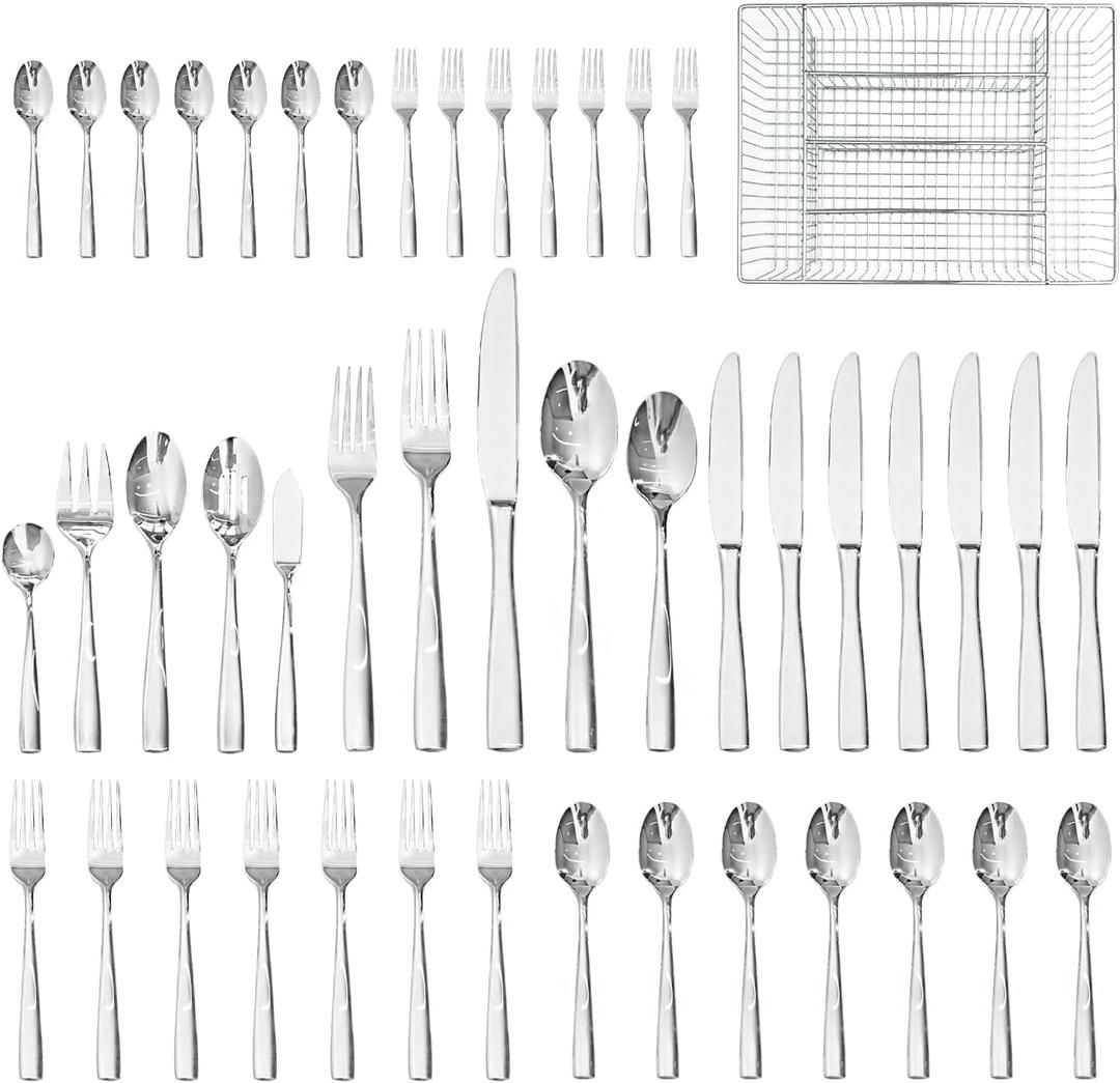 HIKAA 45-Piece Silverware Set with Organizer, Heavy Duty Stainless Steel Flatware for 8, Cutlery Utensil Sets with Serving Utensils, Mirror Polished, Dishwasher Safe