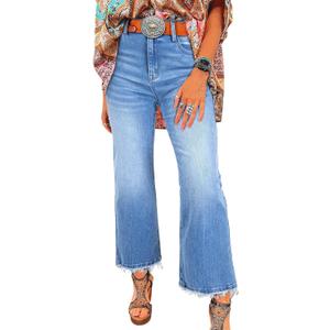 Astylish Womens High Waisted Jeans Stretchy Flared Straight Leg Loose Trendy Raw Hem Denim Pants, 10, Ashleigh Blue