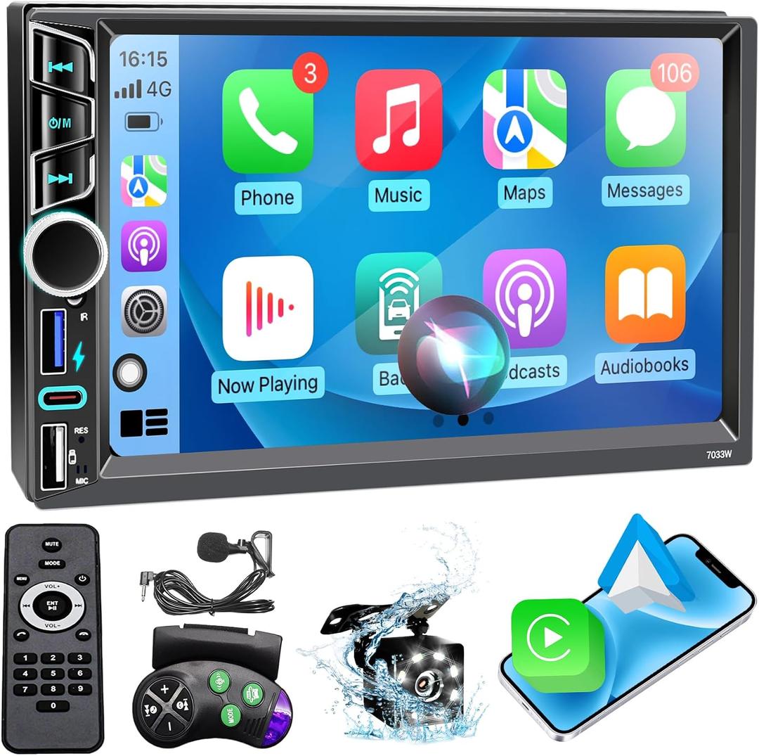 7" Double Din Car Stereo Compatible with Wireless Apple Carplay Android Auto|Bluetooth 5.2|180W Outputs|Subwoofer|FM|AM|USB|38W Fast Charge|Physical Knob|Backup Camera|Stereo for 7x4.02 2 DIN Size