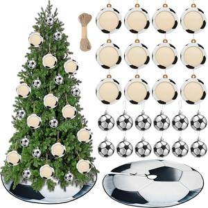 Syhood 26 Pcs Soccer Christmas Decor Set Include 12 Sports Ball Ornaments 36'' Print Christmas Tree Skirt 12 Wooden Mini Sports Ornaments and Rope for Home Xmas Holiday Party