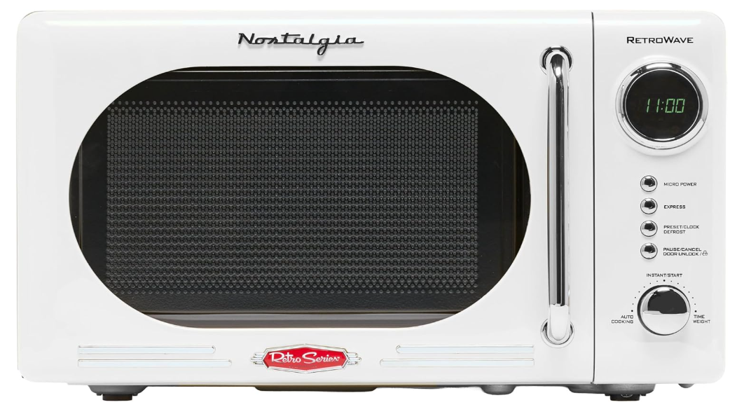 Nostalgia Retro Compact Countertop Microwave Oven - 0.7 Cu. Ft. - 700-Watts with LED Digital Display - Child Lock - Easy Clean Interior - White