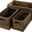 Hedume Set of 3 Nesting Wooden Crates, Wood Crate Box with Handle, Rustic Brown Decorative Wood Storage Crates Container, Stackable Cube Basket Bins Organizer for Home, Office, Closet, Shelf