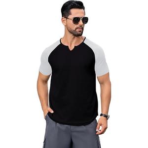 HJHVK Mens Muscle Slim T Shirt VNeck Longline Henley Shirt Gym Workout Athletic Tee Shirts Black, Size: L