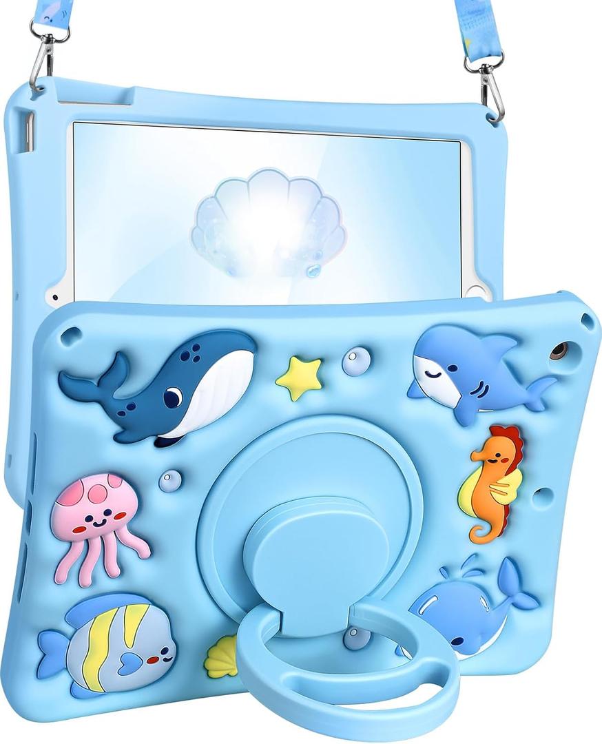 for iPad 9th/8th/7th Generation Case 10.2 Inch - Girls Boys Cute Kawaii Girly Cover 3D Cartoon Ocean Design with Rotating Stand & Strap Silicone Blue Cases for iPad 7/8/9th Gen 2019 2020 2021