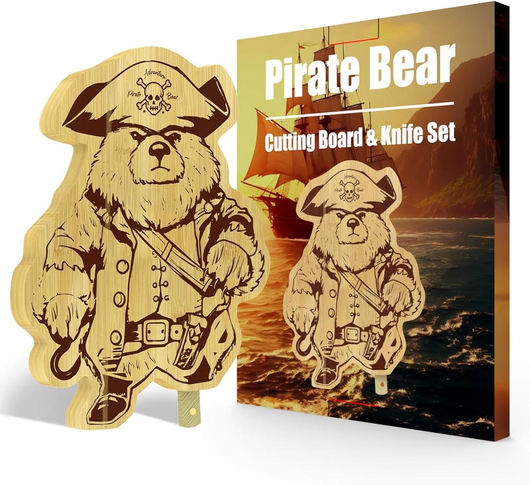 Pirate Bear Cutting Boards And Knife Set, 11.2" X 8.9" Bamboo Charcuterie Boards, Serving Tray For House Warming Gifts New Home Decor, Anniversary Birthday Party Christmas Bear Gifts