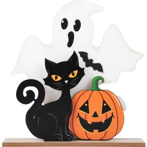 Halloween Decorations Indoor Wooden Black Cat Halloween Decor Ghost Table Sign Pumpkin Table Centerpieces Standing Tabletop Decoration for Holiday Desk Tiered Tray Party Shelf Decorations Farmhouse (Large)