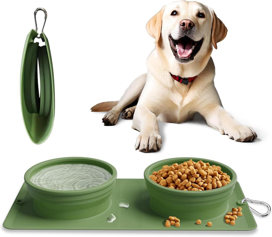 Collapsible Portable 2-in-1 Dog Bowl, Integrated Travel Dog/Cat Food Water Bowl, Silicone Foldable Expandable Bowl with Carabiner - Anti-Spill and Anti-Skid - for Camping/Traveling LPFLASAT (Green)