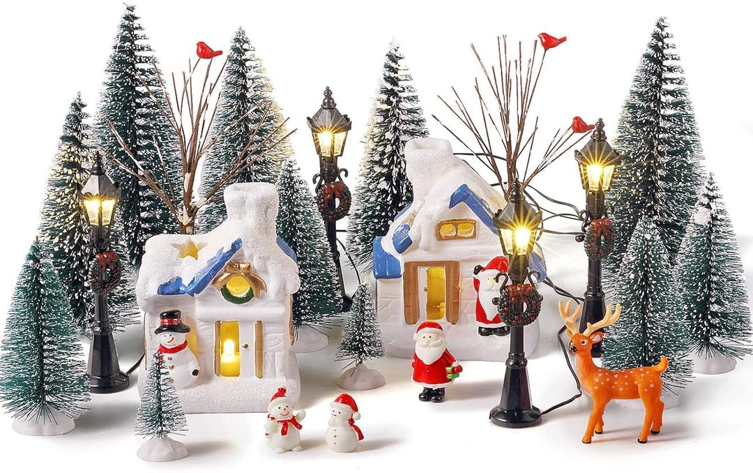 Namalu 34 Pieces Christmas Village Houses Set, Mini Christmas Trees Accessories Set Santa Snowman Street Lamps for Xmas Village Miniature Town Home Table Top Decoration(Cute Style)