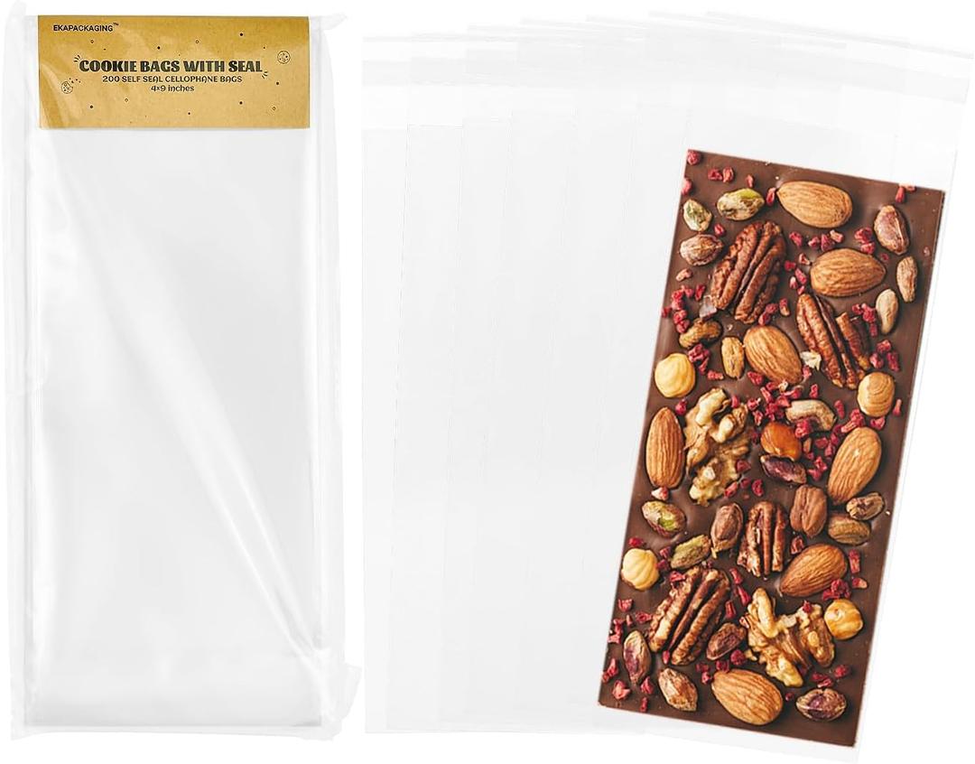 EKAPACKAGING 200Pcs 4x9 Inches Cellophane Bags Clear Treat Bags Self Sealing Packaging for Candy Bar, Cookie, Chocolate Bar, Wax Melt