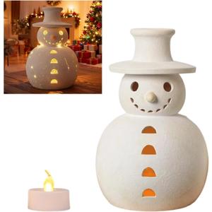 Vintage Terracotta Snowman Ornament with Light, Christmas Handmade Figurine, Holiday Table Decor (20cm, White)